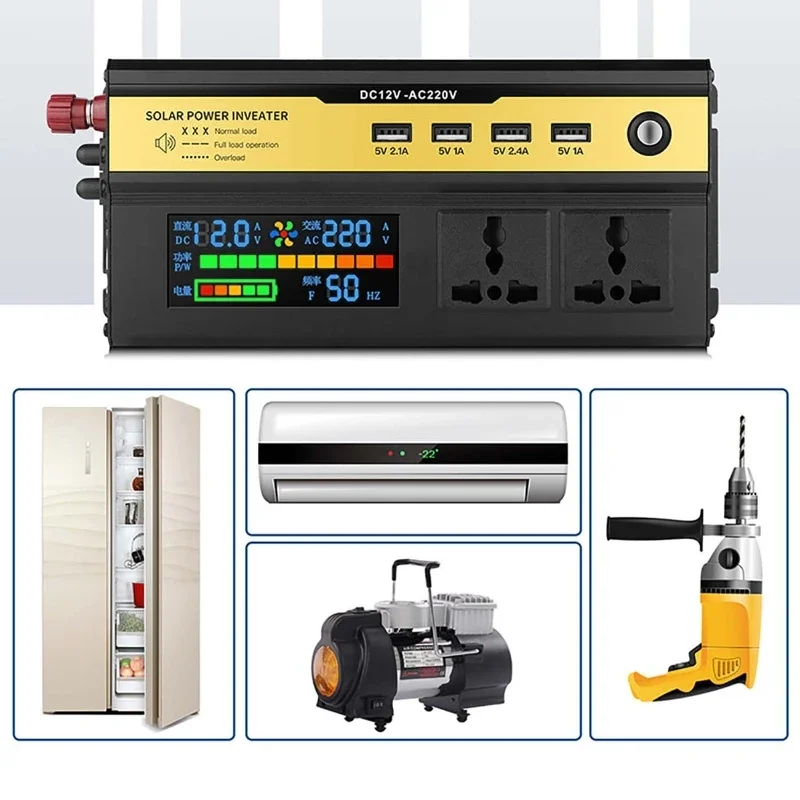 Inversor de corriente de 2200W, transformador de cc 12V 24V a CA 220V, 50Hz, carga de enchufe Universal USB, pantalla LED, inversor de onda sinusoidal modificada