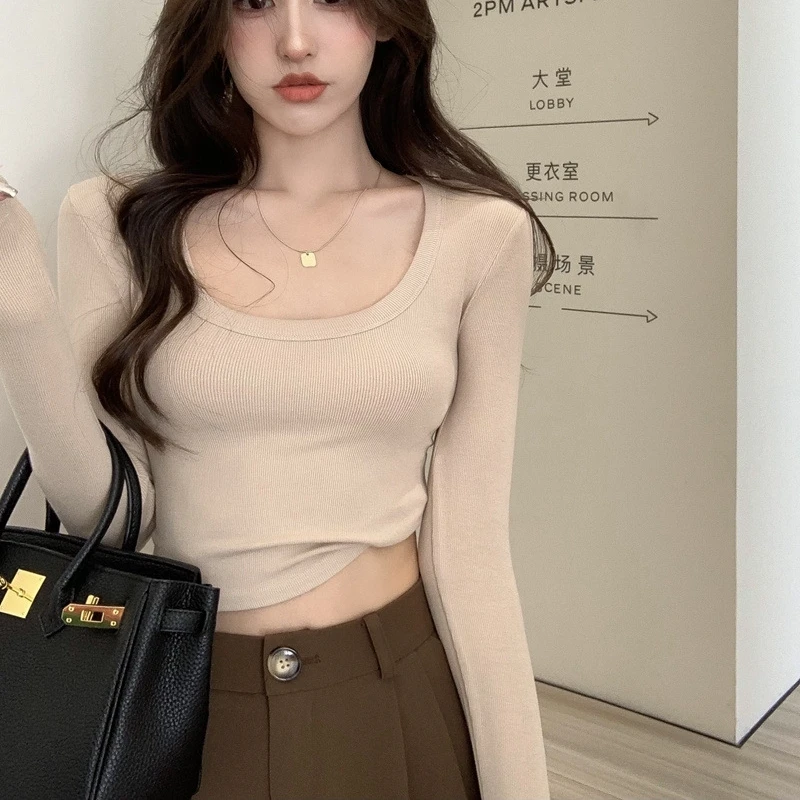 Women\'s Long Sleeve Square Neck Crop Top Ribbed Slim Fitted Knitted Tops Tees Y2K Casual Solid Cotton T-Shirt Fashion INS Tops