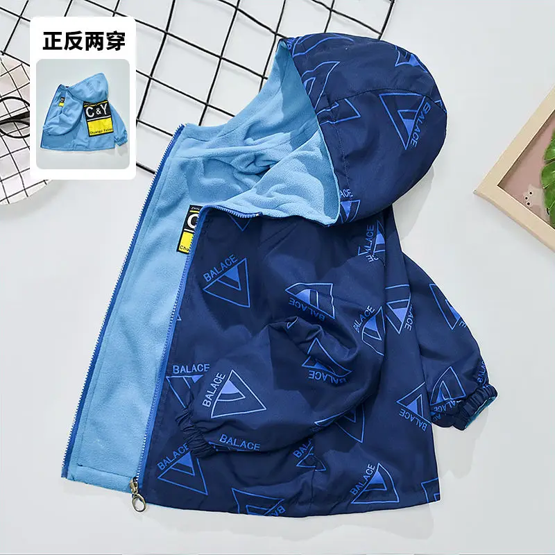 

2025 Autumn Children Double-Sided Jackets Teen Boys Velvet Long sleeves Zipper Windproof Hooded Coat Kids Polar Fleece Outerwear