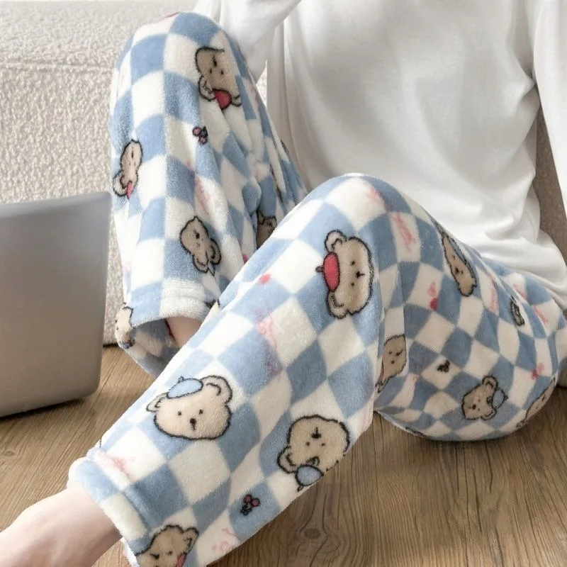 

Зимние теплые женские пижамные штаны из кораллового флиса с милым мультяшным принтом, свободные домашние брюки, удобная плюшевая одежда для сна