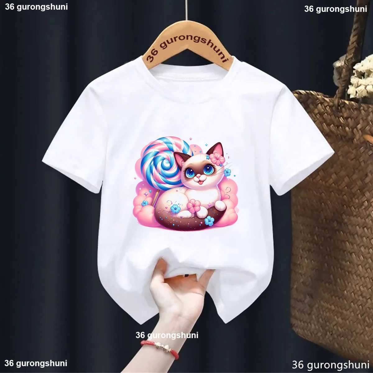 

Newly Arrive 2025 Siamese Cat T-shirt for Children Summer Tshirt Clothes Cute Girls Harajuku Casual White Short Sleeve Tops