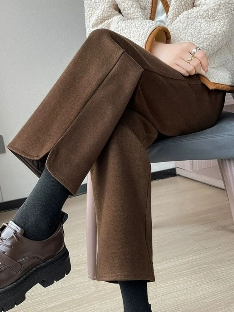 2026 Autumn New Cropped Pants High Waist Leisure Loose Straight Pants Women Solid Color Elastic Waist Woolen Fabric Casual Pants