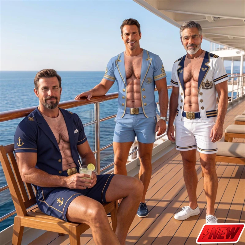 Funny Fake Muscle Abs Chest Hair T Shirt Men Sailor Navy Uniform Anchor 3D Illusion Print Short Sleeve Summer Party Novelty Top view 3