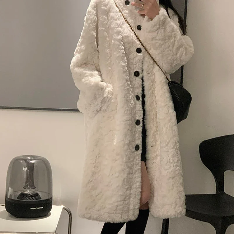 2022 Lamb Hair Coat Women\'s Long Coat Knee Length Imitation Rabbit Hair Fur Thickened Loose Stand Collar