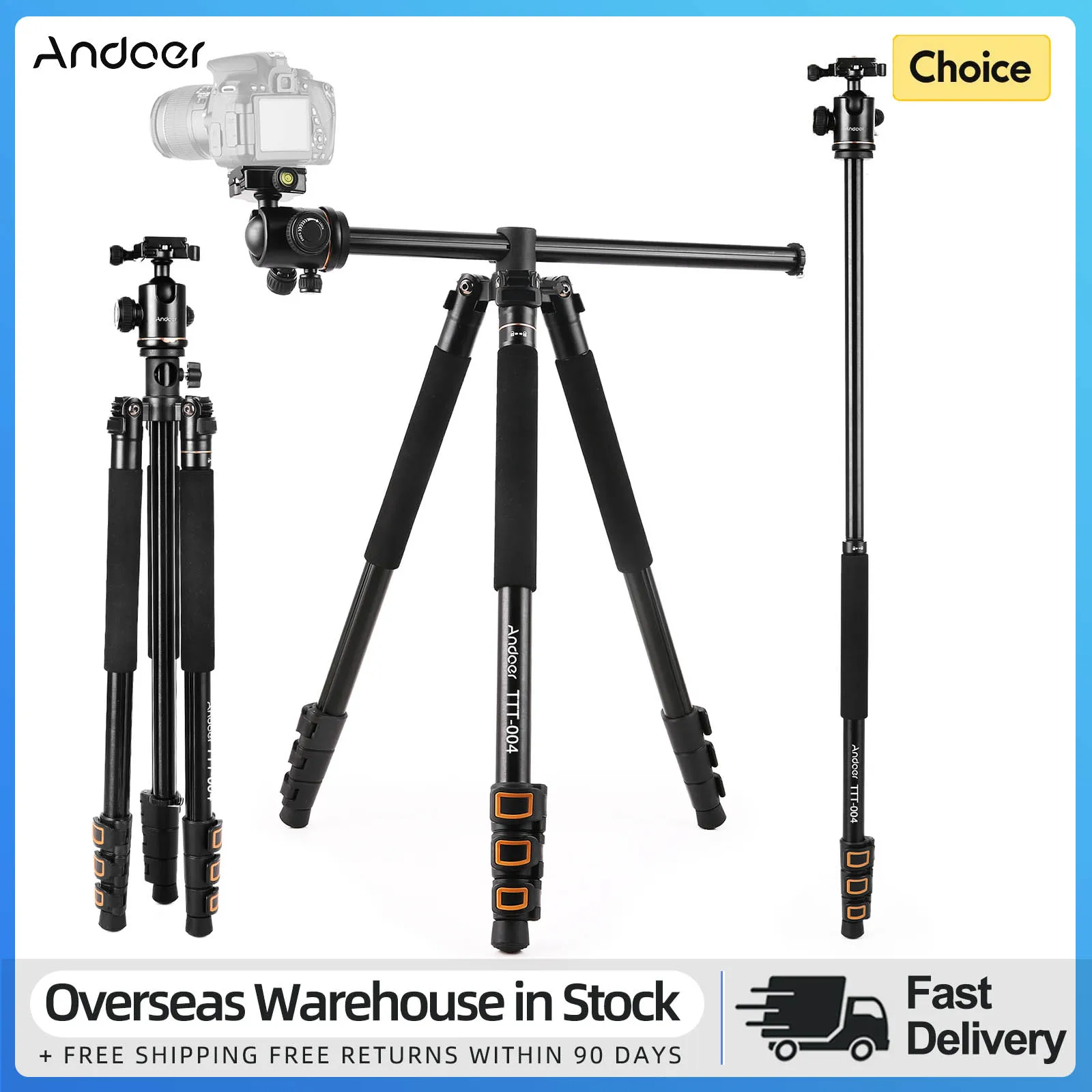 Andoer TTT-004 200cm/78.7 Inch Camera Tripod Monopod Horizontal Mount with Ball Head 4-Section Extendable for DSLR ILDC Cameras