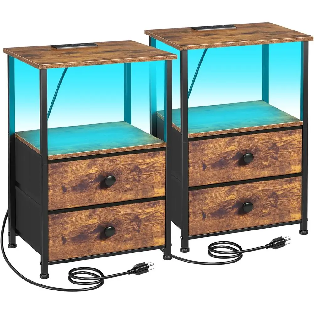 

Night Stand Set 2, LED Nightstand with Charging Station, End Tables with Storage Shel, Bede Table with 2 abric Ders or Bedroom,