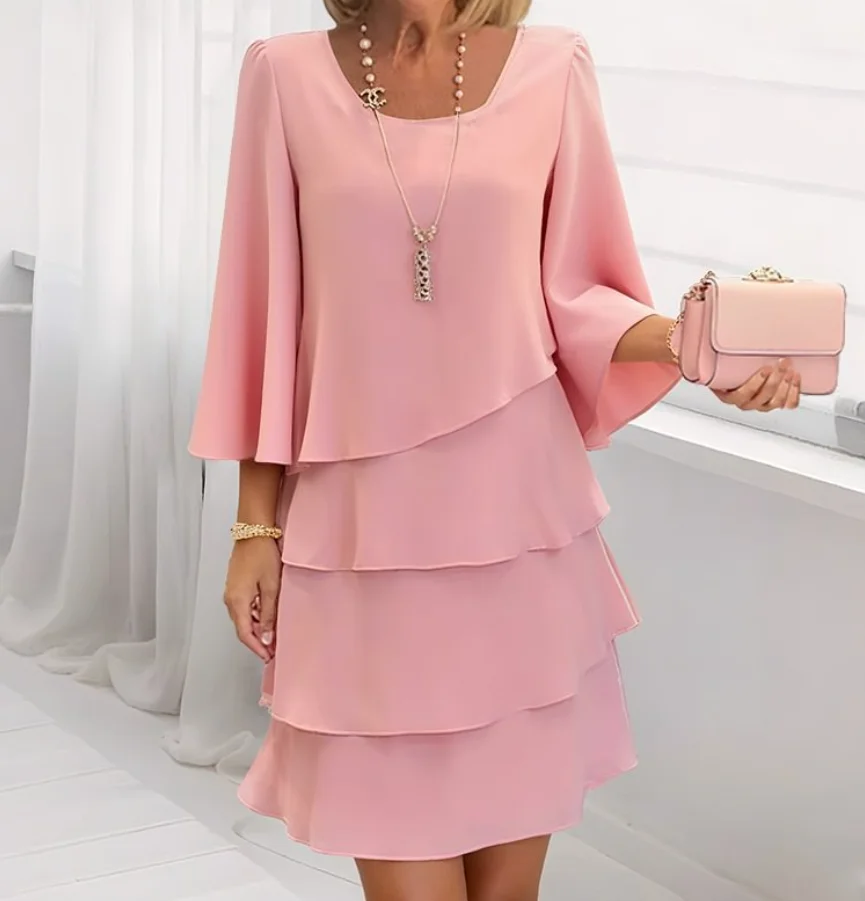 Vestidos femininos 2025 primavera nova cor sólida em torno do pescoço manga longa casual solto ajuste diário mini camadas bolo vestido