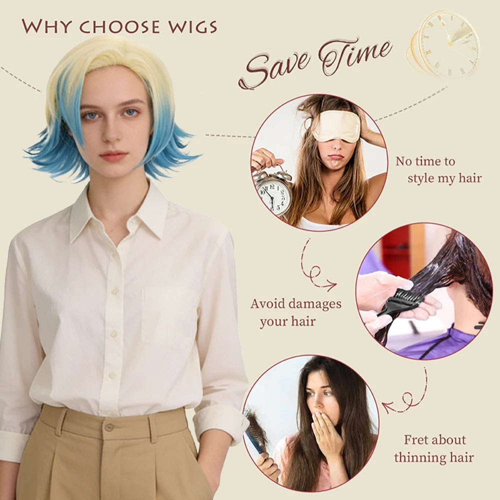 Michael Kaiser Cosplay Wig Blue Blonde Ombre Short Wig With Ponytail Heat Resistant Synthetic Hair Unisex For Anime Halloween view 6
