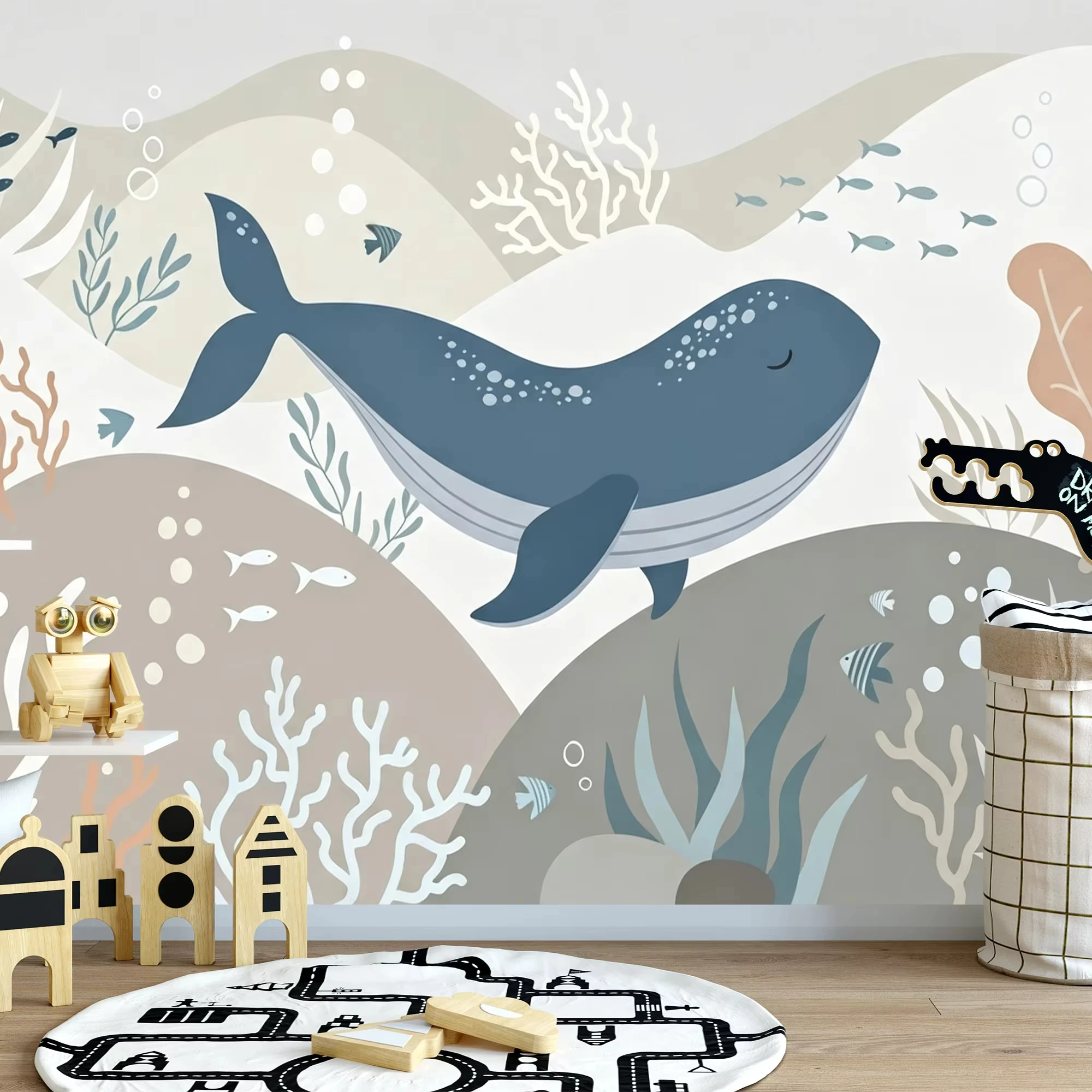 Customize any size Wallpaper Cartoon Underwater Whale Mountains Wall Mural Blue animal Kids Nursery Bedroom Decor