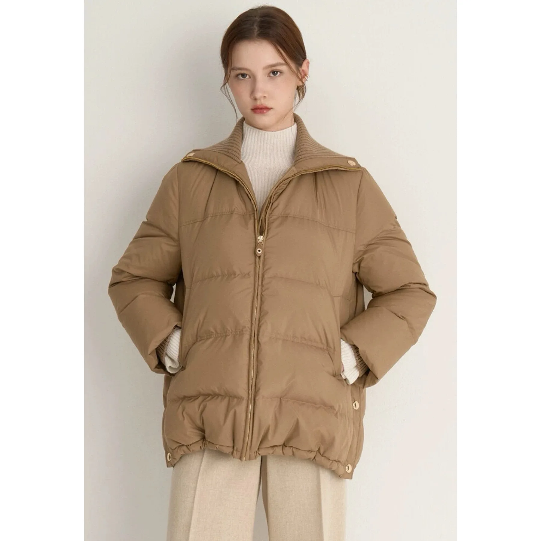 

Lemon Cheese MIN25 Winter Casual Faion Knitted Lapel Splicing Loose Versatile down Jaet Outerwear Ladies Commute Sle