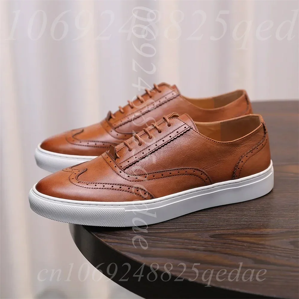 Men's Brogue Lace-Up Sneakers Wingtip Detail, Non-Slip Rubber Sole, Comfortable Durable Casual Footwear for Men, Multiple Colors