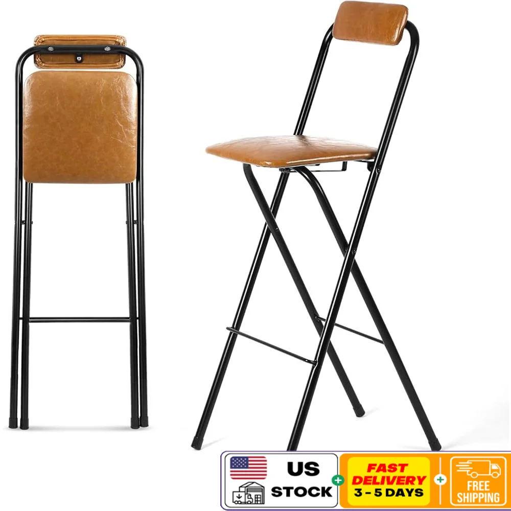 Folding Bar Stool with Back Tall Leather Cushioned Counter Height Portable Stool Space Saving Comfortable Seating Ideal Kitchen