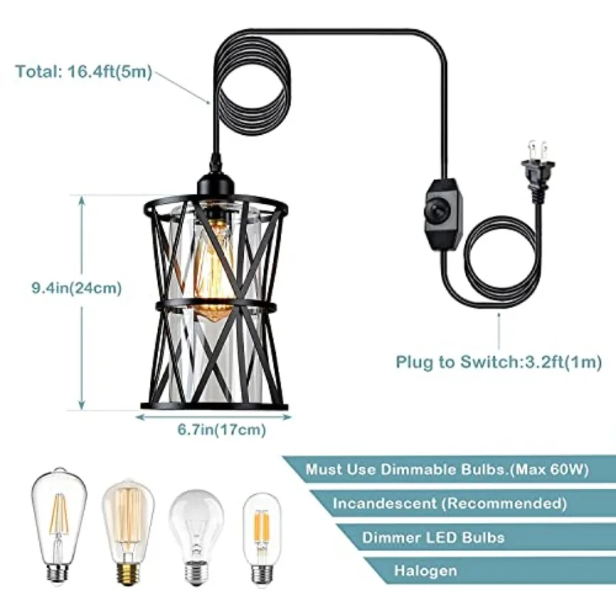 Farmhouse Plug in Pendant Light Outdoor Swag Lamp with Plug in Cord On/Off Dimmer Plug in Hanging Light Fixture for Dining Room