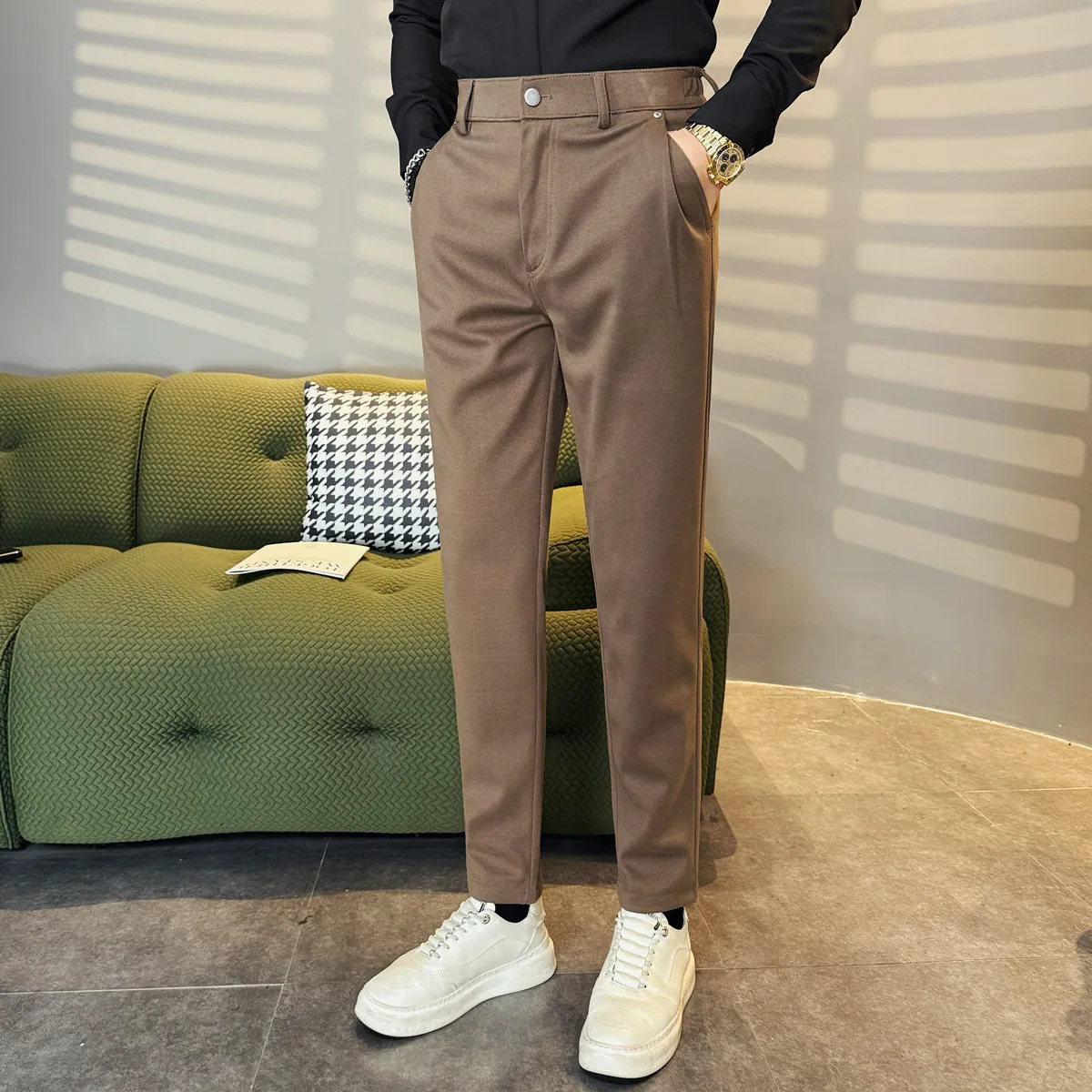 

Pantalon Homme Business Casual Elastic Waist Men's Pants Autumn Winter Thick Slim Fit Warm Mens Office Trousers Formal Wear Sale