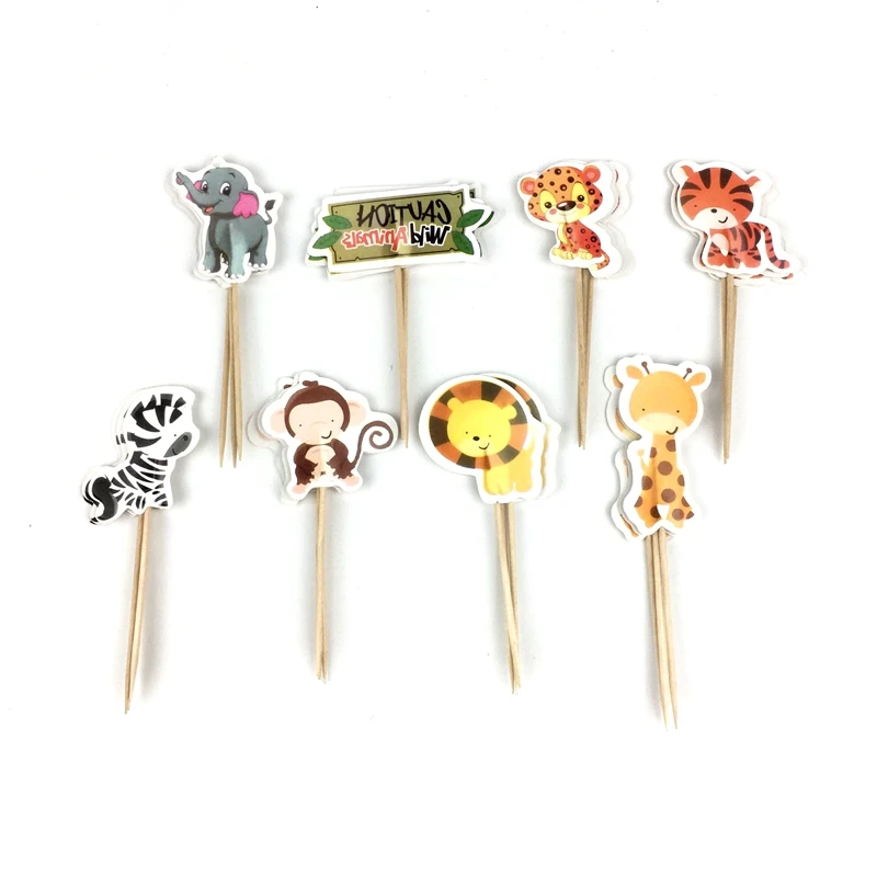 

24PCS/LOT Safari Jungle Animal Cupcake Toppers Picks Happy Birthday Party Decoration Kids Baby Shower Favors Cake Decoration