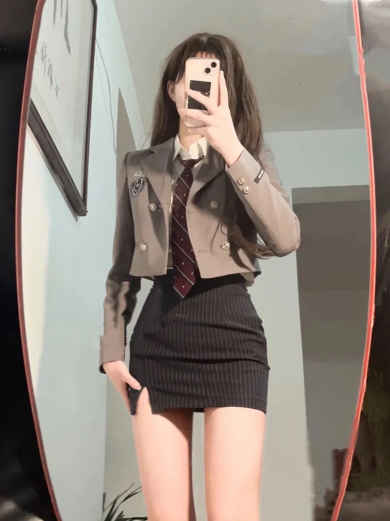 Korean College Suit Coat Shirt Stripe Hip Wrap Skirt Three Piece Set Women Split Single Breasted Lapel Sweet Spicy Autumn Wear