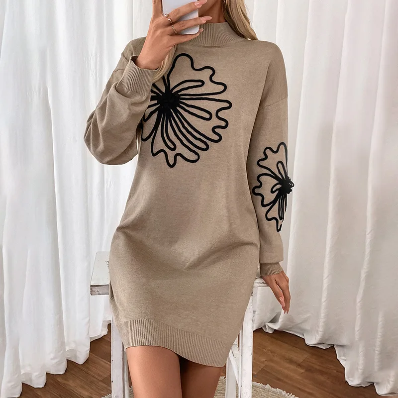 New Women's Mid Neck Fashionable Versatile Flower Shaped Woolen Dress