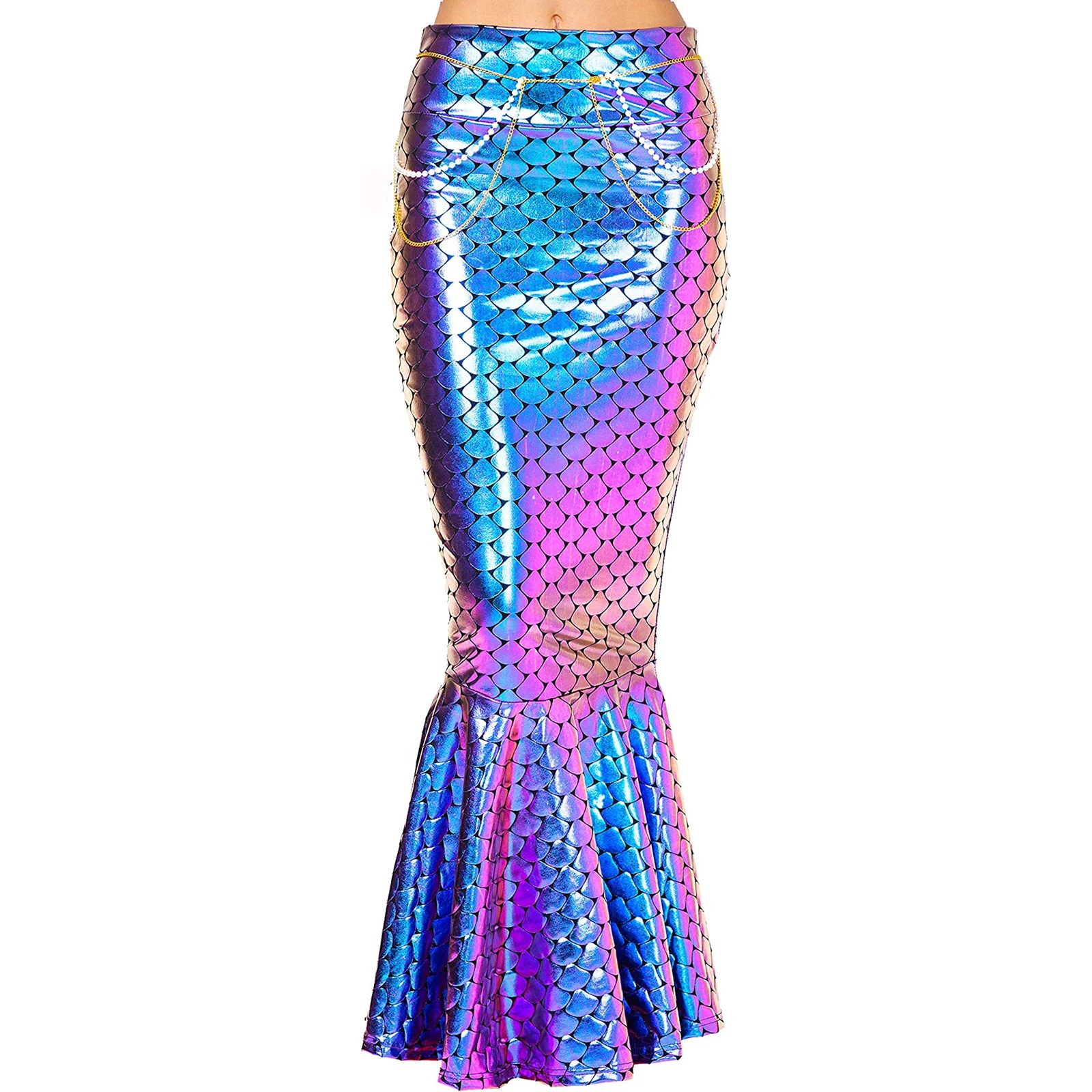 Women Long Mermaid Skirt Metallic Hologram Scale Print Slim Fit Skirt with Pearl Chain for  Cosplay Costume falda de fiesta