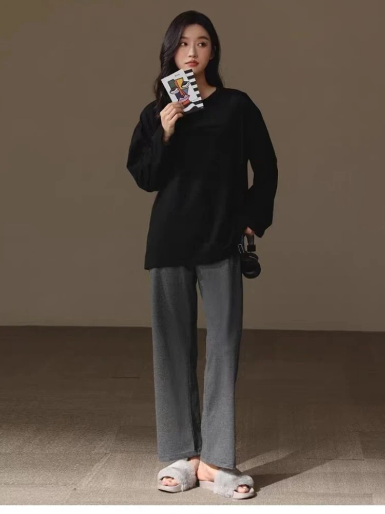 M-5XL grande taille 2 pièces/ensemble pyjamas femmes coréen printemps à manches longues école vêtements de nuit gris vêtements de détente amples peuvent être portés à l'extérieur