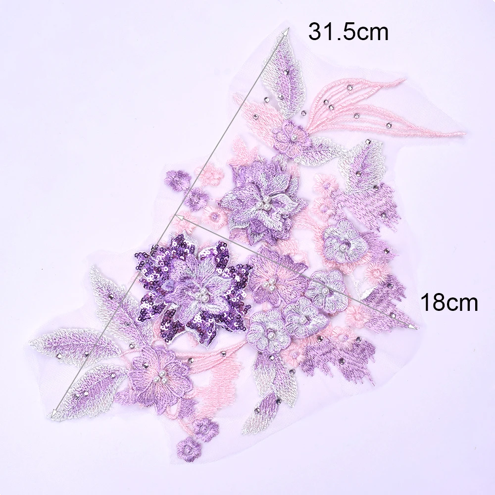 Purple Pink Green Embroidery Bead Patches Applique Mesh Fabrics Lace Sewing Clothing Wedding Dress Repair