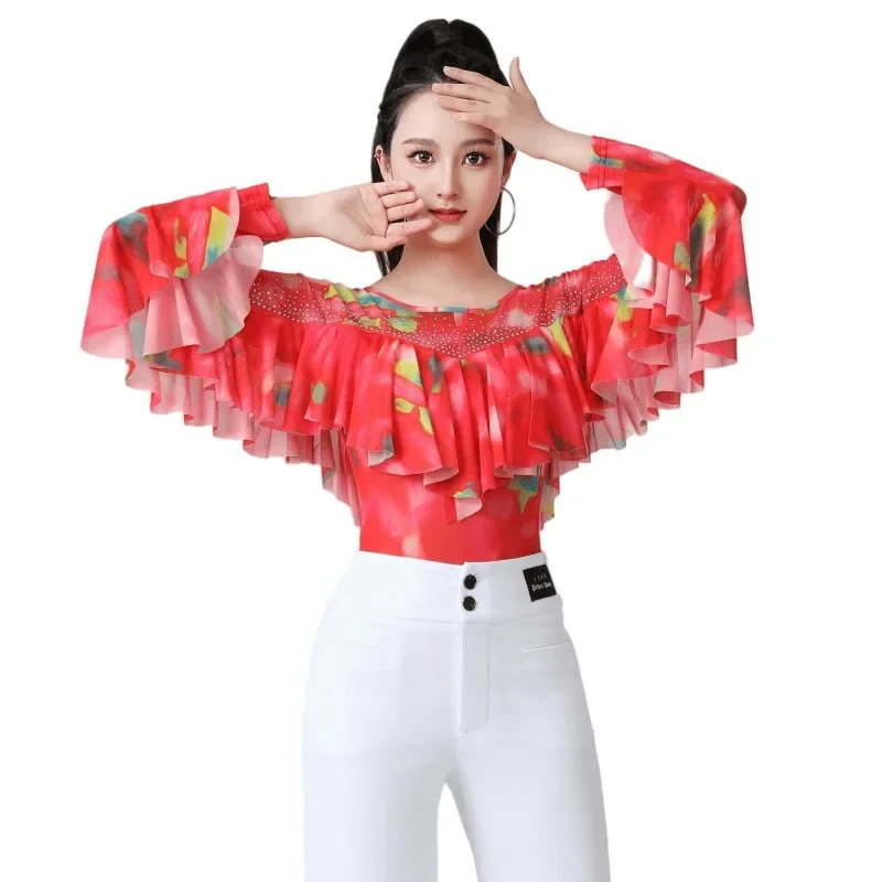 

Women Samba Latin Dance Tops Ruffle Ballroom Rhinestone Studded Modern Dance Party Dresses Training Performance Sexy Dance Wear