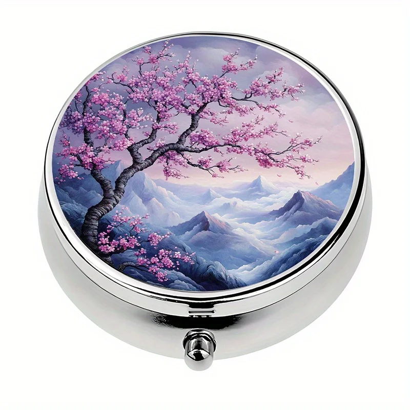 Single pack, 3-compartment plum blossom tree portable wallet box, can be used as a handbag organizer, portable medicine storage box for home use, unique compact storage box, flat print, flat pattern