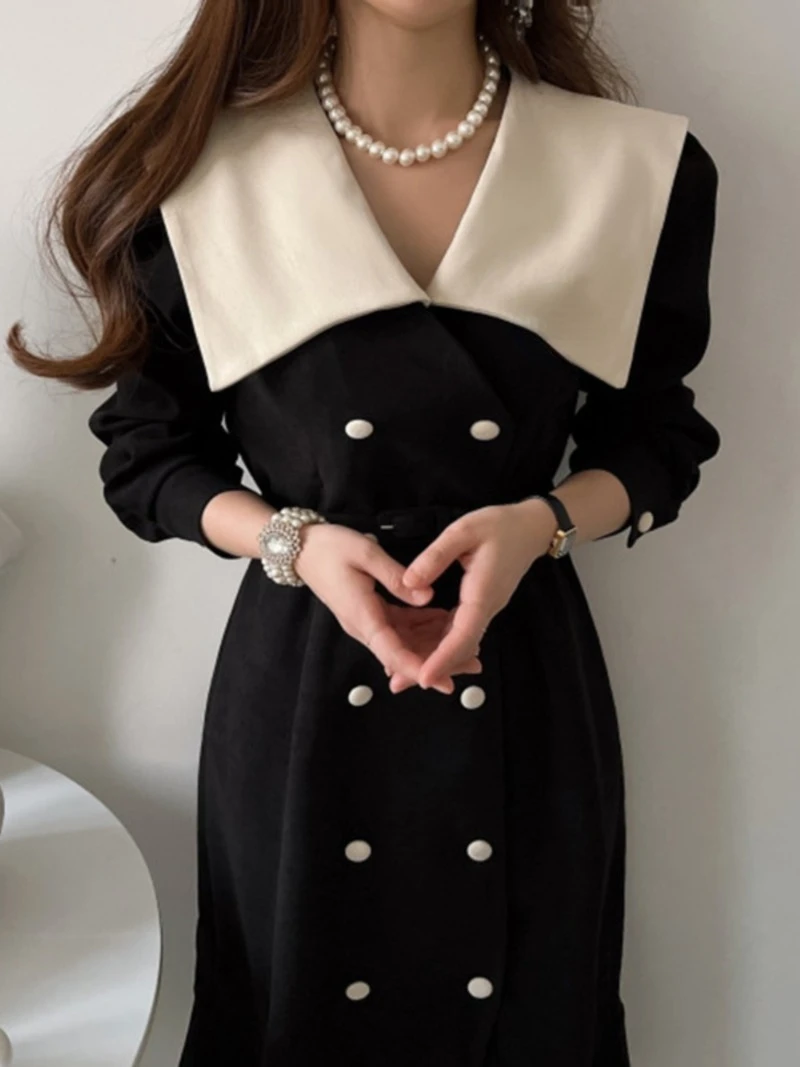 Vestidos De Mujer Bodycon Slim Waist High Retro Contrasting Color Large Lapel Double Breasted Fishtail Dress Women Black 2025