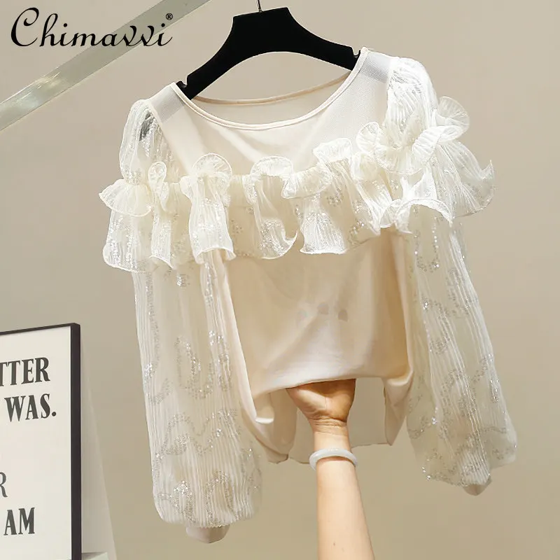 

New 2026 Spring and Autumn Heavy Sequin French Ruffle Embroidered Mesh Blouse Elegant See-through Long Sleeve Shirt Top