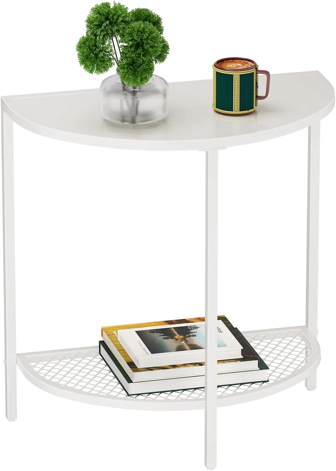 

White End Table 19.7'' Half Moon Side Table Small Side Tables 18.7"*10.4" Night Stand for Living Bed Room 2 Tier Bed Couch Ta