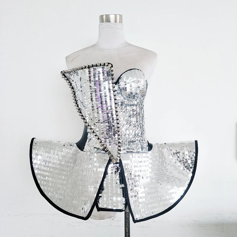 Party Show Wear Sequins Light Stage Show Style Bodysuit Festival Outfit Handmade Silver Reflective Lens Jazz Dance Costume