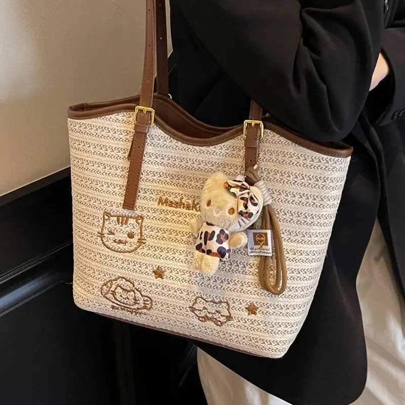 

Милая милая тканая сумка-тоут, женская сумка-тоут с вышитым мультяшным узором, большая вместительная сумка на плечо, женская модная ручная сумка для подмышек, новинка