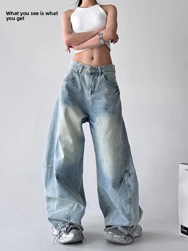 

Ретро Американский Хип-Хоп Уличная Заяска Голубые Широкие Джинсы Женские Свободный Крой Хлопковые Джинсы Весна Осень Новый Sle
