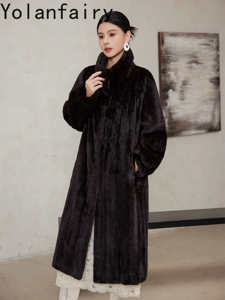 YOLANFAIRY 고급 천연 모피 코트 여성용 럭셔리 겨울 진짜 밍크 퍼 자켓 롱 따뜻한 모피 코트 아브리고 무헤르