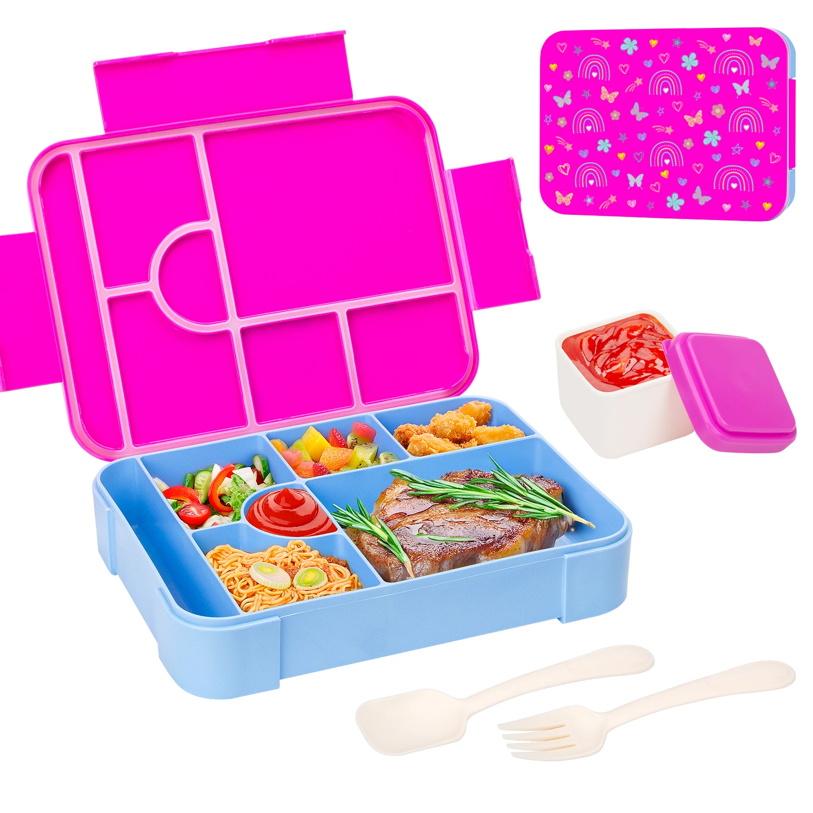 Niedliche Kinder-Lunchbox mit Muster, tragbar, unterteilt, mikrowellengeeignet, auslaufsicherer Lebensmittelbehälter für die Schule und die Küche – Detail 19