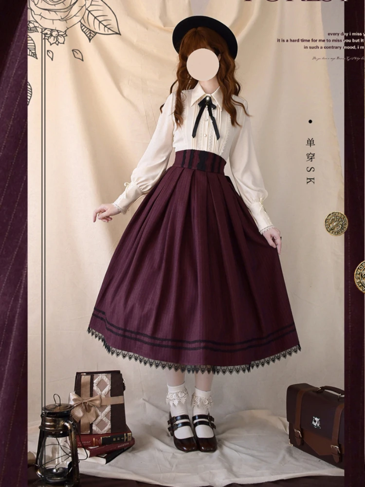 Japanese Style Simple Elegant Retro Lolita SK Lace Stitching High Waist A-line Stripes Pleated Long Skirts for Women Summer 2024