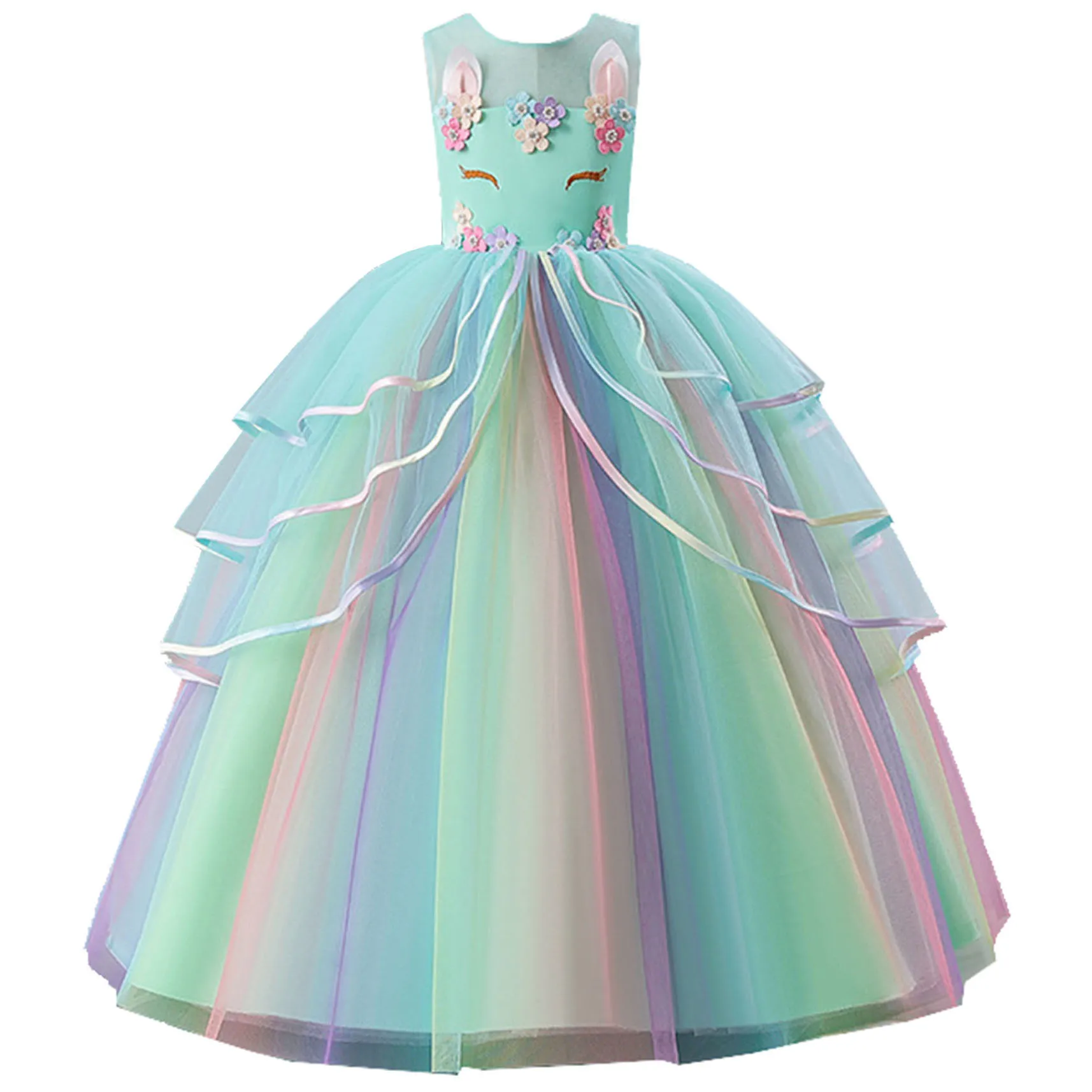 Elizabeth Fashion Little Big Girls Unicorn Flower Girl Birthday Party Formal Dress Long Pageant Dress AC1080