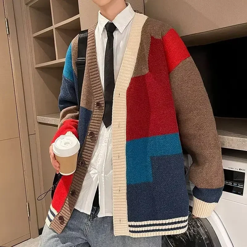 Ropa de hombre chaqueta abrigo cárdigan suéter de punto rojo hombre cuello en V empalme talla grande invierno 2025 tendencia gruesa clásica nuevo en X Old