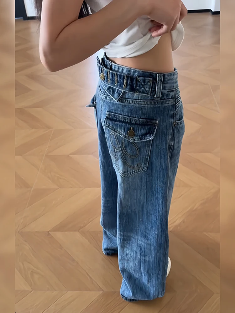 

Retro American Lazy Loose Fit Jeans Women Summer Spicy Girl Paris Adjustable Buckle Design Floor-Length Pants Natural Waist