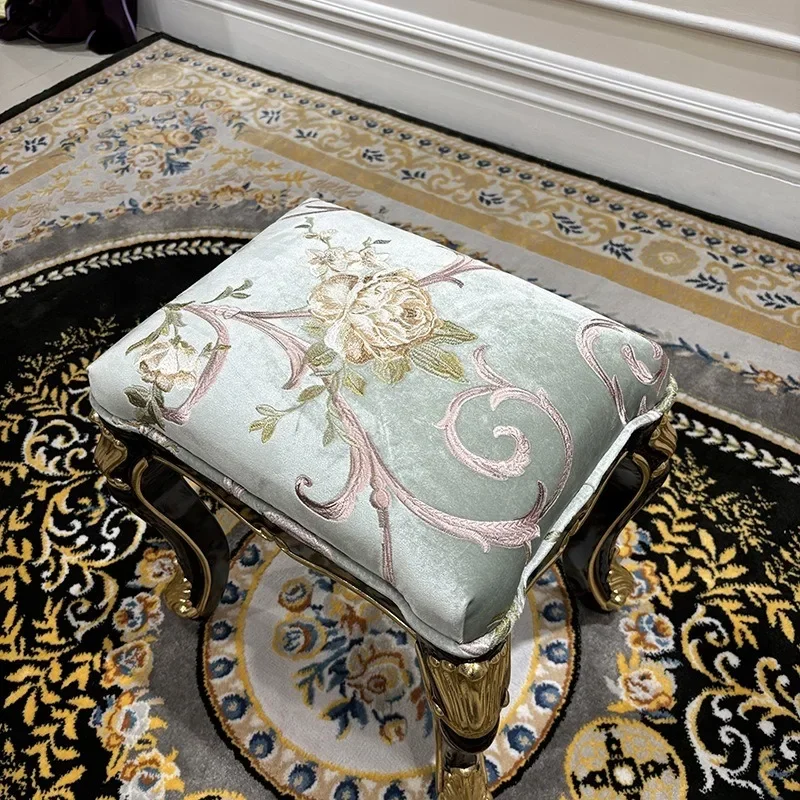 French fabric embroidery makeup stool, European solid wood carving stool, bedroom burgundy shoe changing stool