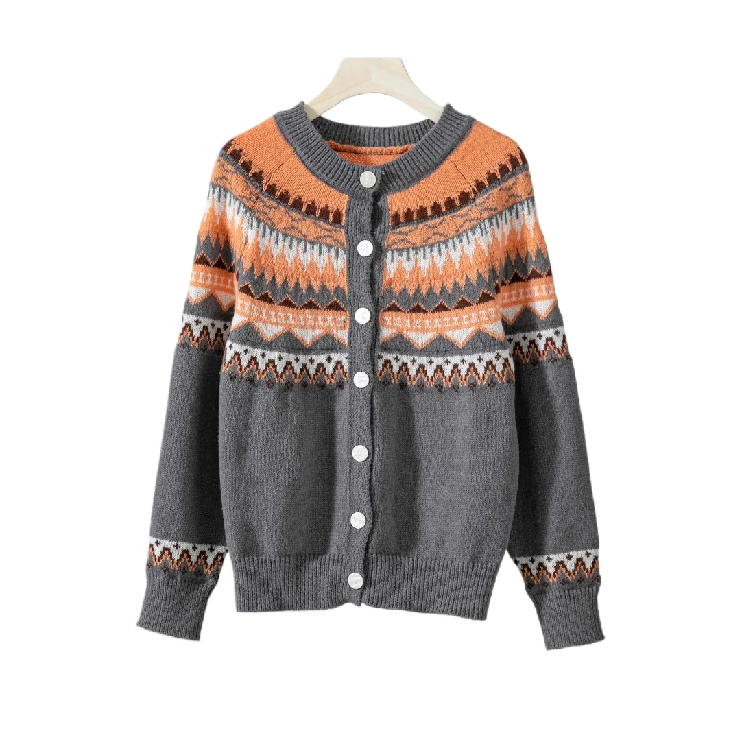 

2025 autumn and winter new Fair Island sweater foreign trade contrasting color single-breasted long-sleeved knitted cardigan