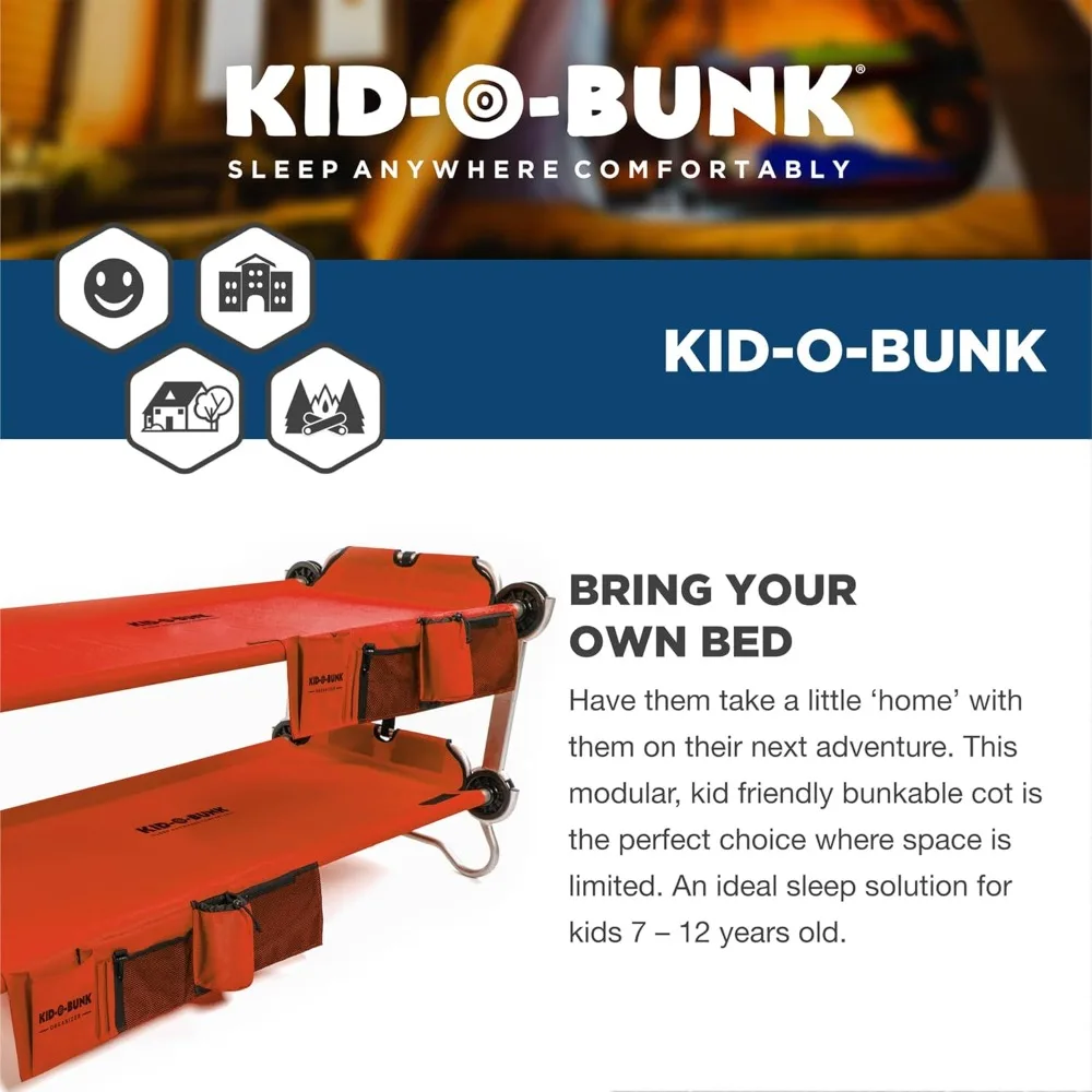 Youth Kid-O-Bunk 2 Person Bench Bunked Double Bunk Bed Cots with 2 Side Organizers and Carry Bags for Outdoor Camping Trips, Red