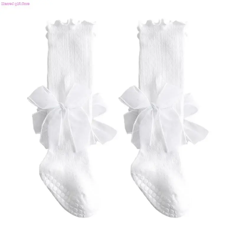 D0JC Mesh Ventilated Toddler Socks Dotted Grip Bowknot Embellishment Stockings Combed Cotton Long Tube Design