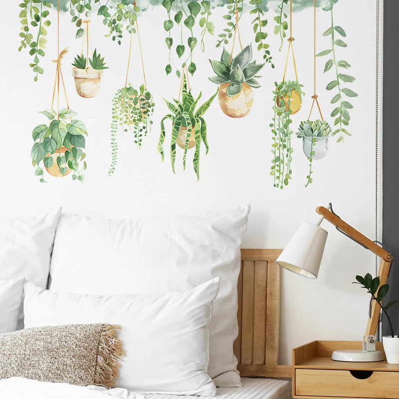الجدران الإبداعية الفن الأخضر ورقة الكرمة سلة معلقة بوعاء الفينيل ملصقات جدارية للديكور المنزل الغرف الجمالية المناظر الطبيعية