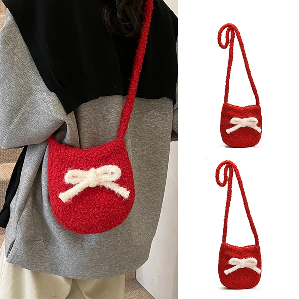 レッドプラッシュボウクリスマスカラーマッチングレディース2026新作シングルショルダーバッグ大容量バケットバッグクロスボディバッグ冬用