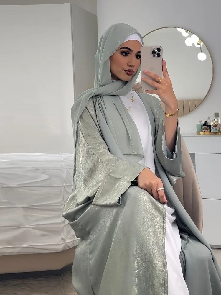 Eid Bronze Satin Open Abaya Kimono Modest Cardigan Muslim Summer Abayas for Women Dubai Luxury Turkey Party Dress Islamic Kaftan