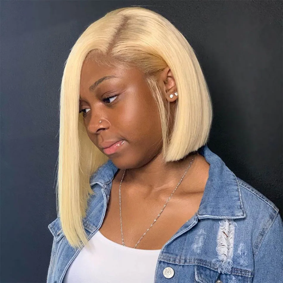 

220% Short Bob 13x4 Straight HD Lace Front Wigs Blonde 613 Colored Brazilian 100% Human Hair Transparent Lace Frontal Wig 14Inch