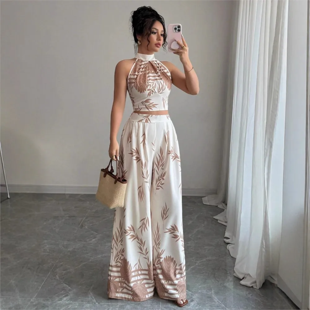 

Halterneck Vest Wide-leg Trousers Printed Suit Women's Summer Vacation Sleeveless Top Trousers Two-piece Set Conjuntos Femininos
