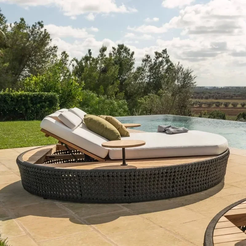 for Outdoor Dining Table and Chairs Set Waterproof Sunscreen Teak Wood Solid Wood Reclining Chairs for Swimming Pool Villa