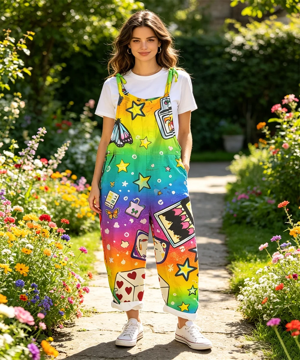 2026 Women's new retro gradient hippie cartoon graffiti print comfortable jumpsuit, off shoulder sleeveless loose jumpsuit