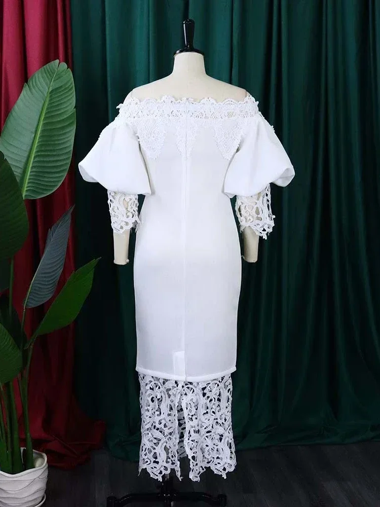 Elegant African Women\'s Tight Lace Bubble Sleeve Off Shoulder Sexy Mid Waist Dress Wedding Graduation Party Sisters Gown